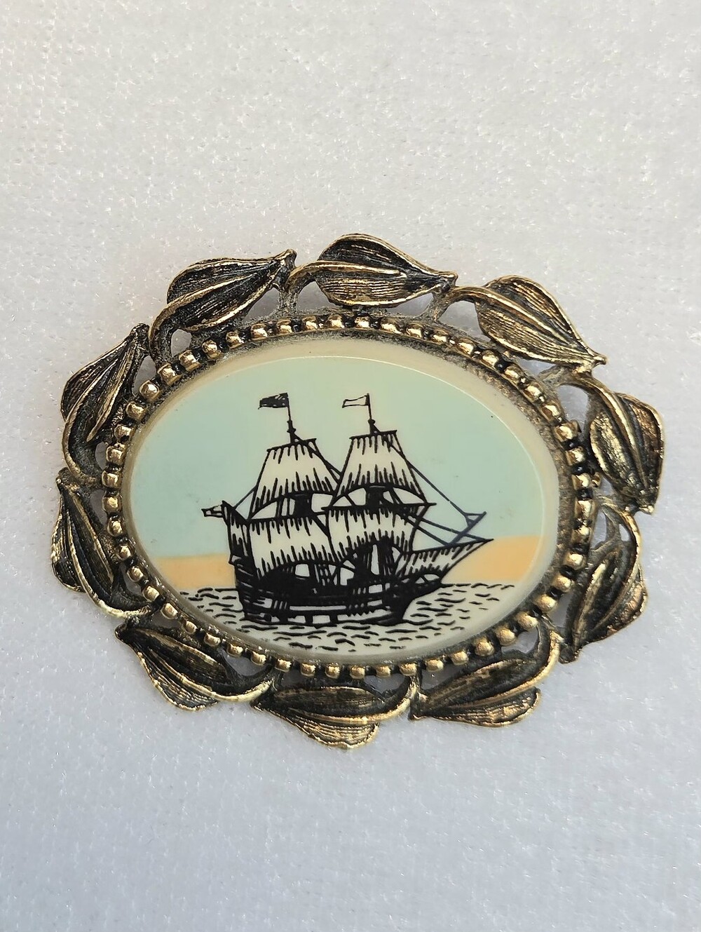 Vintage Faux-Scrimshaw Clipper Ship Brooch / Pin